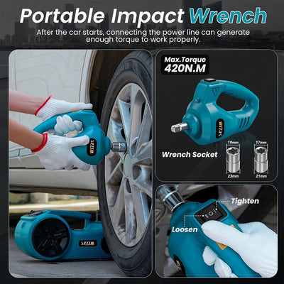 Electric Car Jack Kit 5T | 12V Hydraulic Lift with Impact Wrench – Blue
