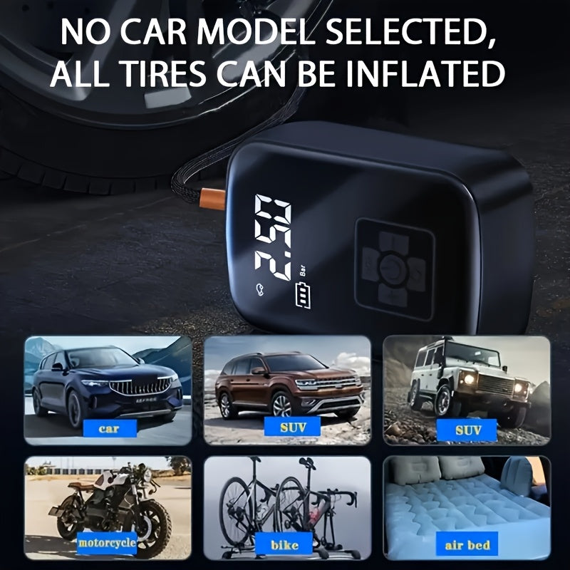Fast Cordless 1pc Tire Inflator Portable Air Compressor - Digital Display Multi-function Nozzle Adapter