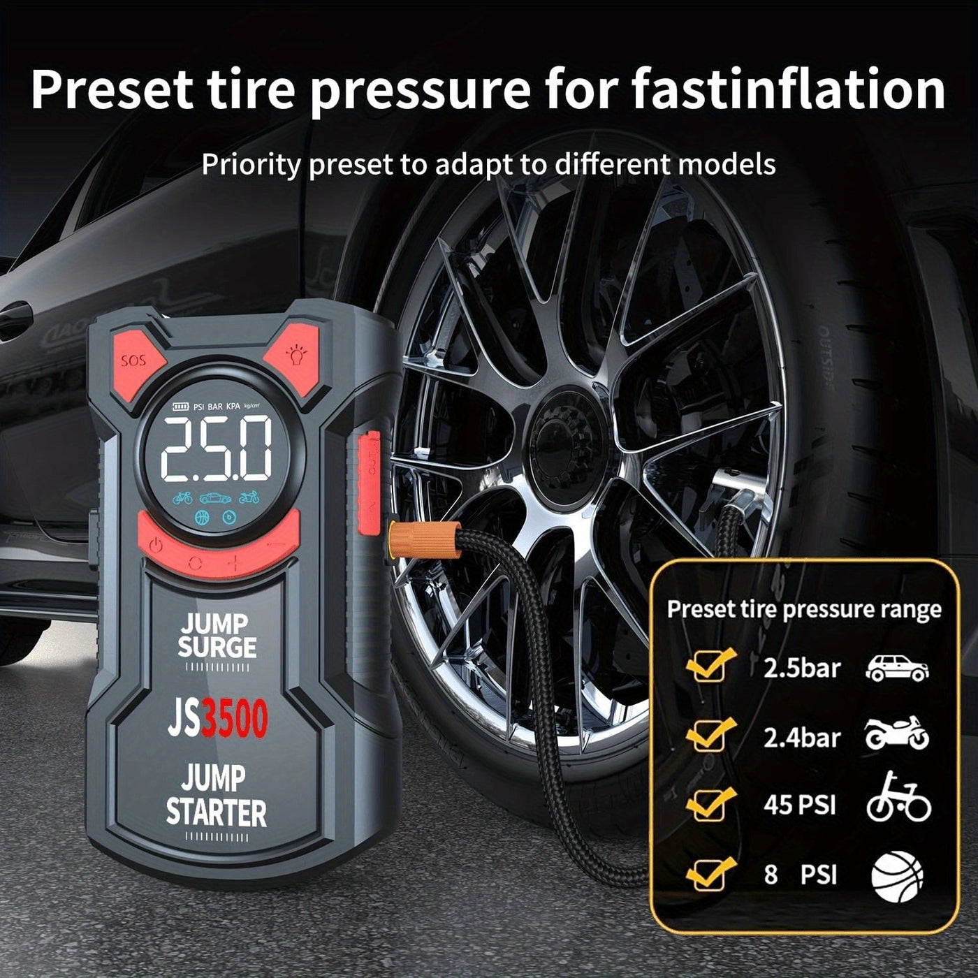 Portable Car Jump Starter with Air Compressor, 150PSI 3000A Car Battery Jump Starter