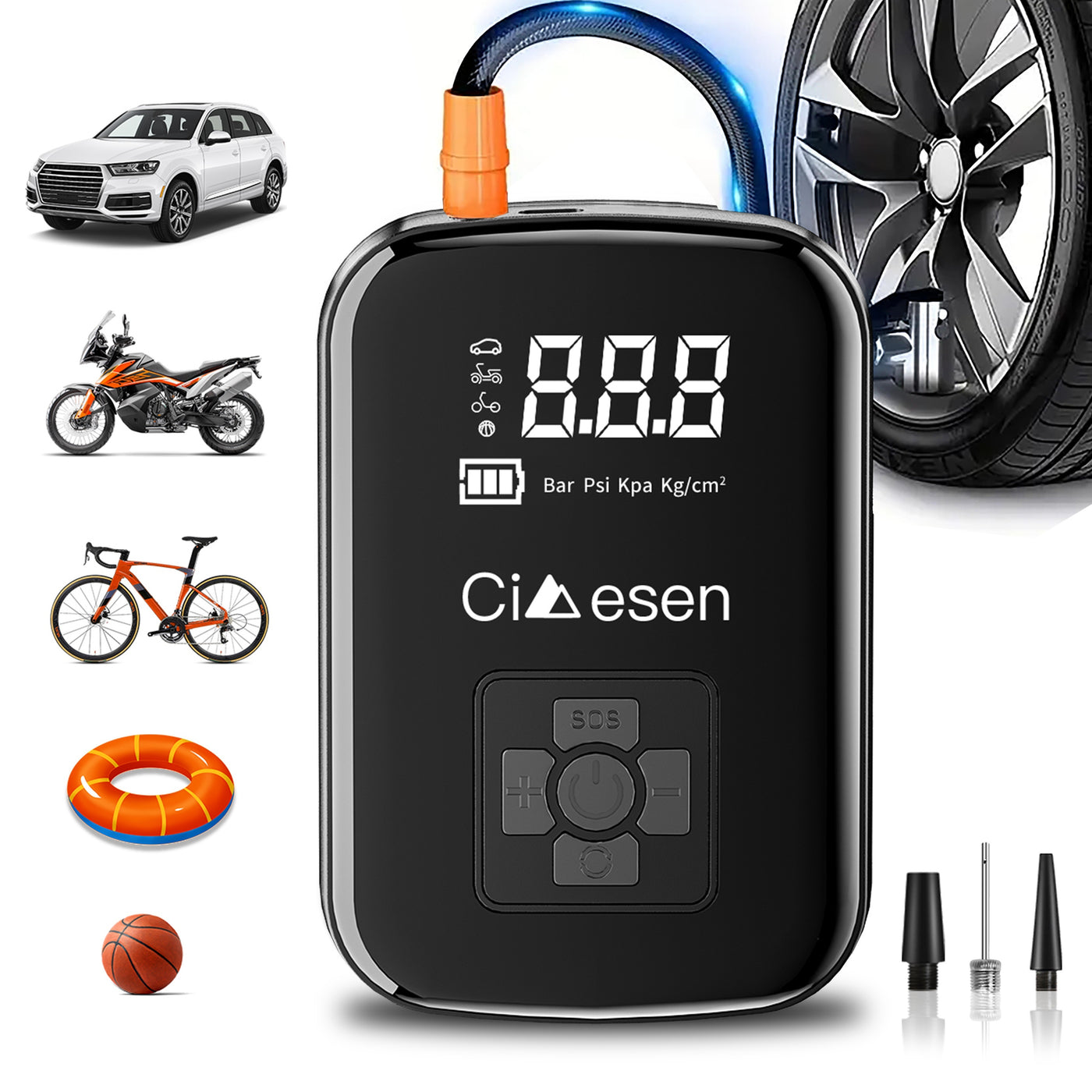 Fast Cordless 1pc Tire Inflator Portable Air Compressor - Digital Display Multi-function Nozzle Adapter