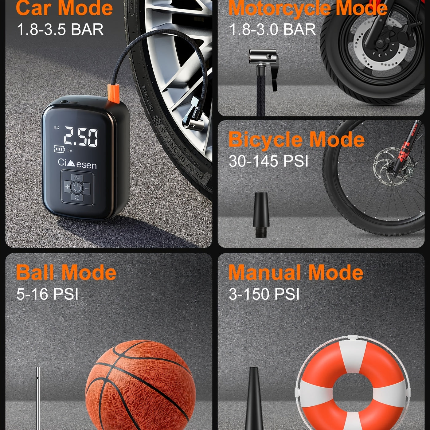 Fast Cordless 1pc Tire Inflator Portable Air Compressor - Digital Display Multi-function Nozzle Adapter