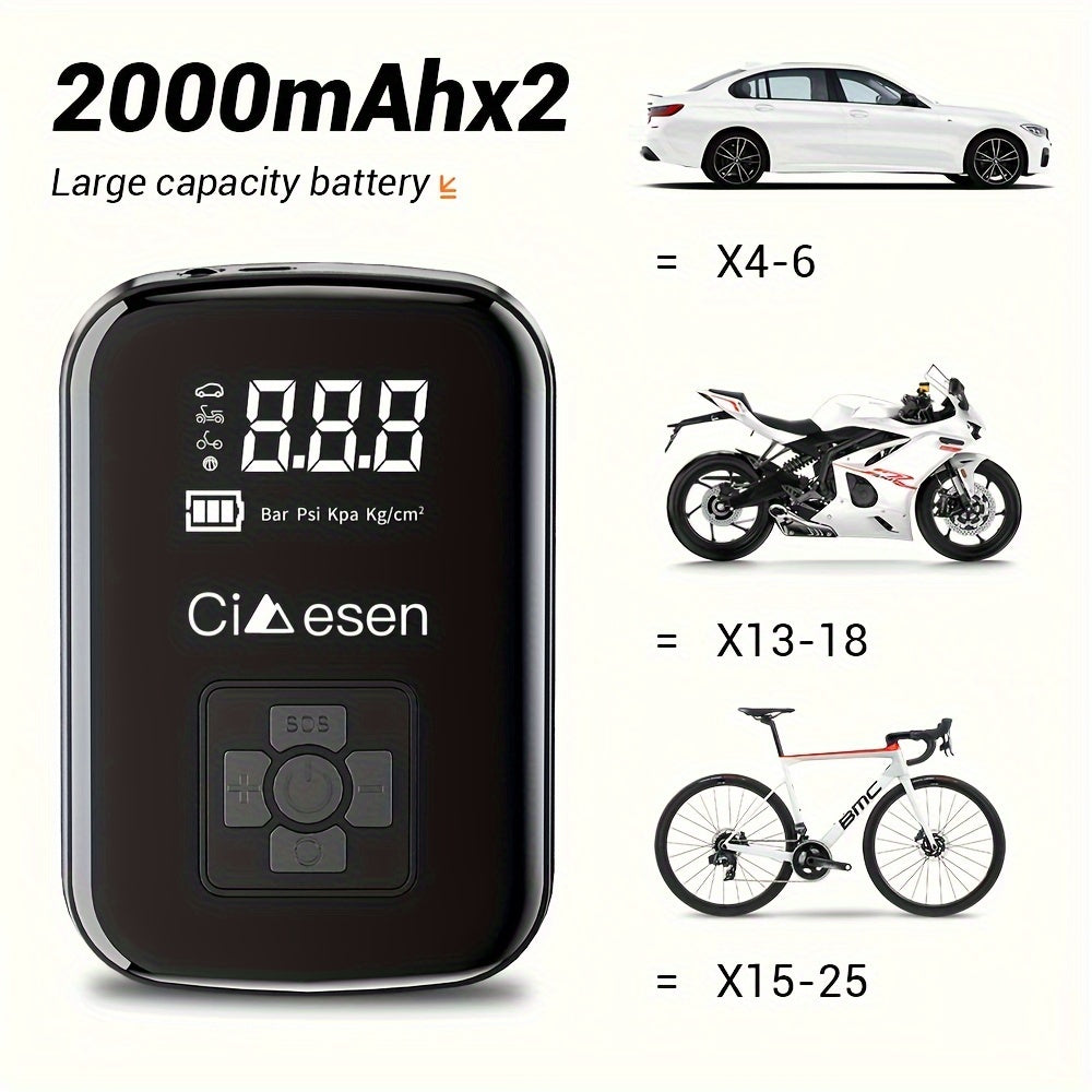 Fast Cordless 1pc Tire Inflator Portable Air Compressor - Digital Display Multi-function Nozzle Adapter