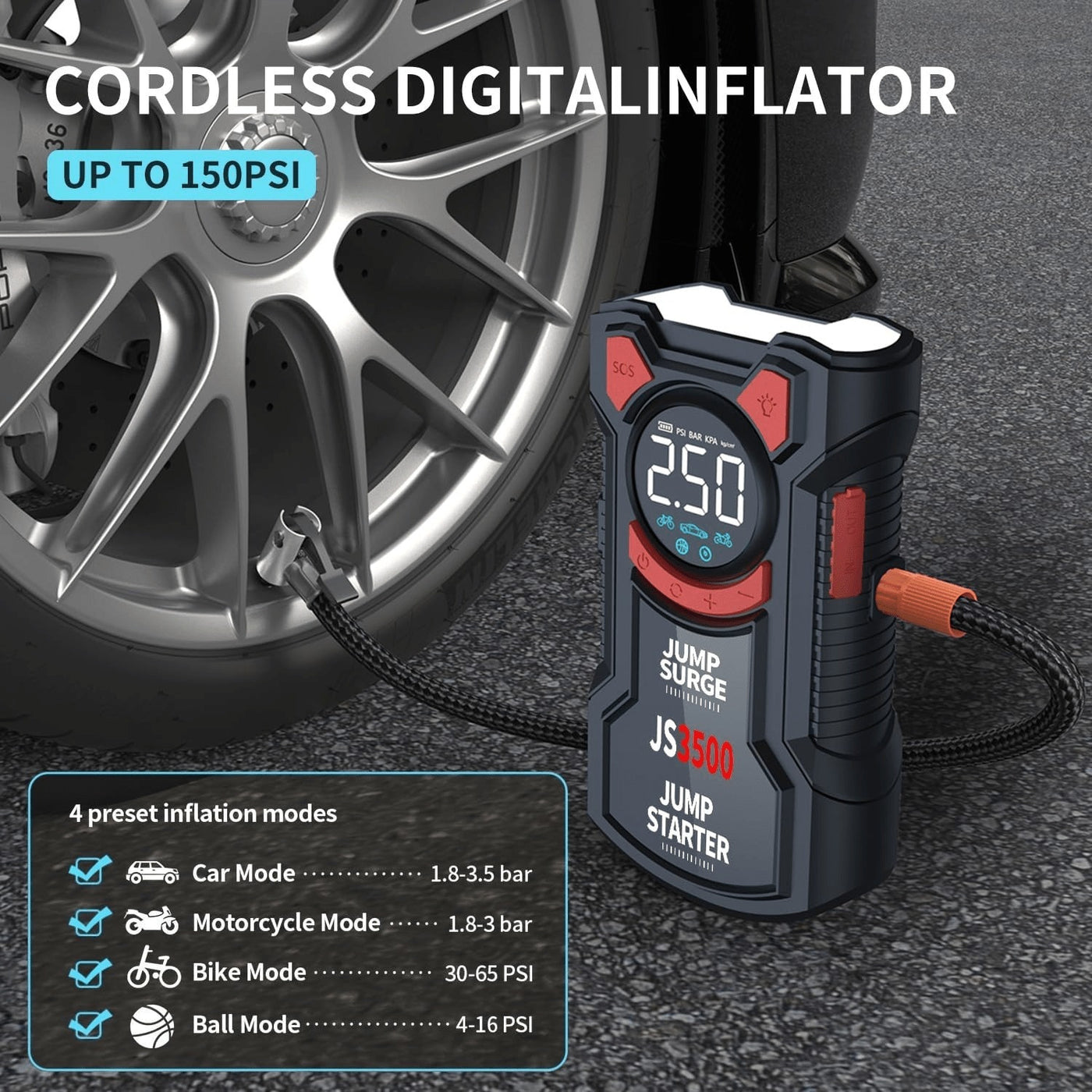 Portable Car Jump Starter with Air Compressor, 150PSI 3000A Car Battery Jump Starter