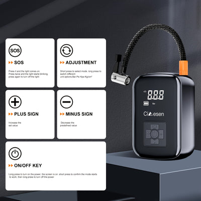 Fast Cordless 1pc Tire Inflator Portable Air Compressor - Digital Display Multi-function Nozzle Adapter