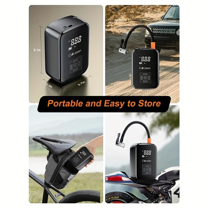 Fast Cordless 1pc Tire Inflator Portable Air Compressor - Digital Display Multi-function Nozzle Adapter